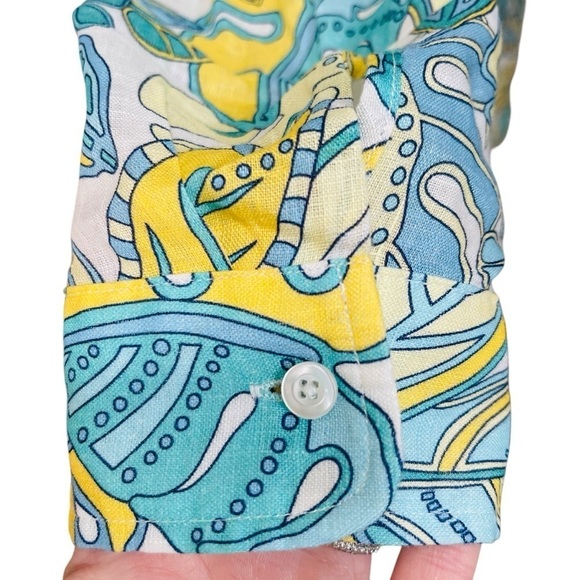 J McLaughlin Women’s Linen Shirt Aqua Yellow Tropical Print Button Down NWT $188 - Picture 5 of 15